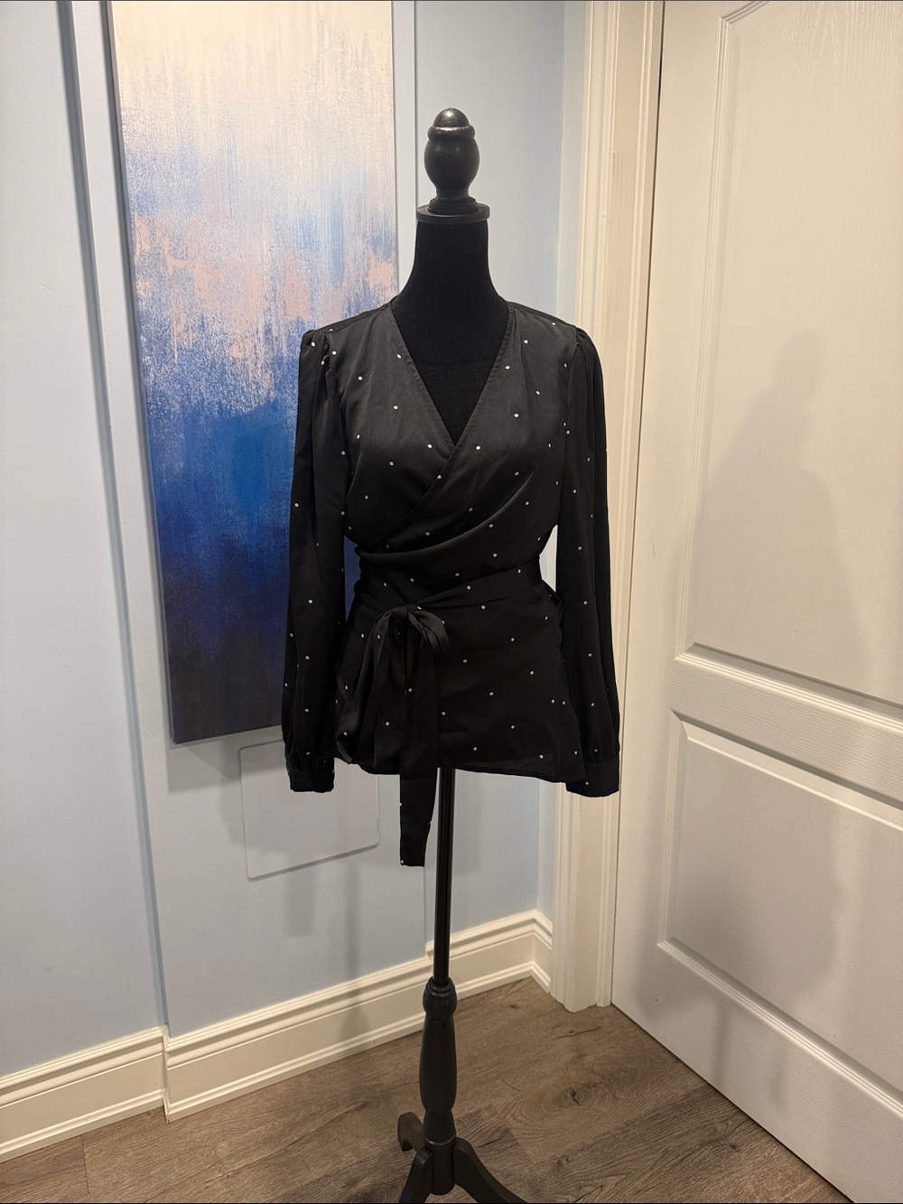 Stella & Dot Black Wrap Blouse With Polka Dots